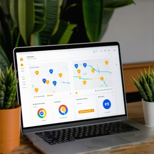 Business owner analyzing local SEO analytics on a laptop with Oklahoma maps in background