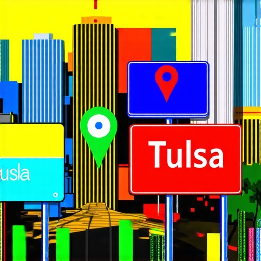Night view of Tulsa city with business signs and map marker icon
