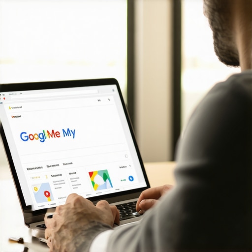 Business owner updating Google My Business profile on a laptop with Tulsa cityscape in background.
