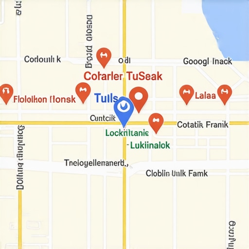 Tulsa Local Business Map with SEO Elements Map of Tulsa showing local businesses with SEO indicators and ranking arrows.