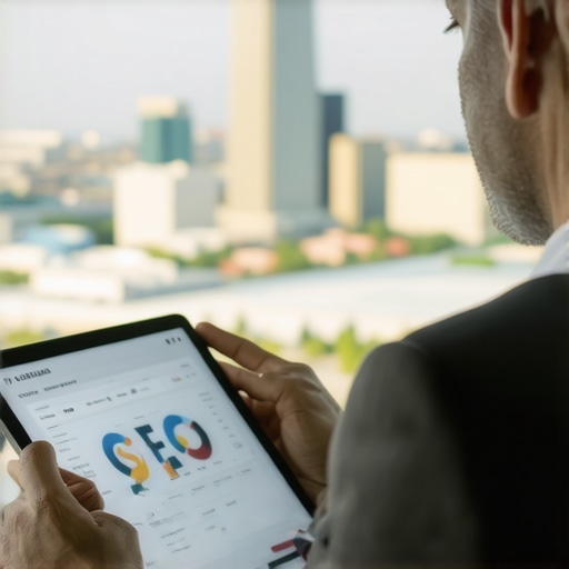Analyzing Local SEO Data in Tulsa Business owner reviewing Oklahoma local SEO metrics on a tablet with Tulsa skyline behind.