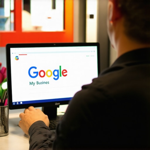 Business owner updating Google My Business profile with Tulsa branding.