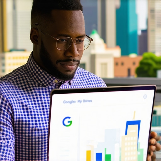 Tulsa Business Owner Optimizing GMB Profile Tulsa business owner working on Google My Business profile with local landmarks in background.