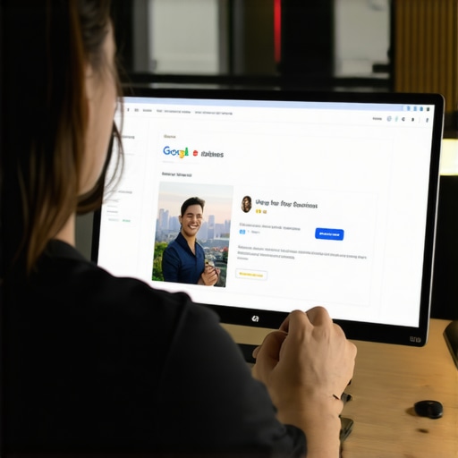 Optimizing GMB Profile for Tulsa A person updating a Google My Business profile on a desktop with Tulsa cityscape behind