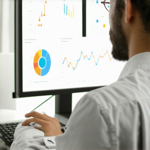 A person working on local SEO analytics using multiple monitors displaying maps and ranking data.
